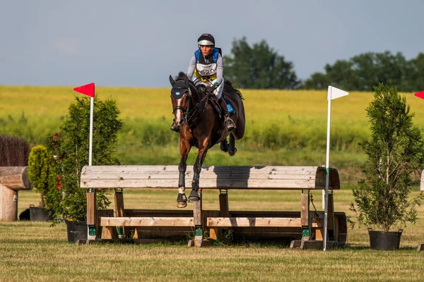 Strzegom Horse Trials, Morawa, Poland - June, 25, 2022: Swedish Louise Romeike on horse Commando 3, on the Cross Country route during the competition.