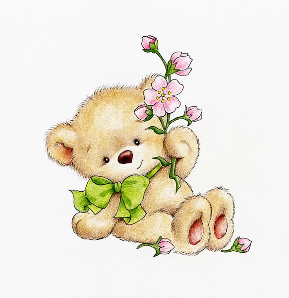 Teddybär mit Blumen — Stockfoto