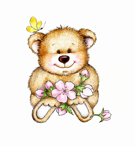 꽃달린 귀여운 테디 베어 — 스톡 사진