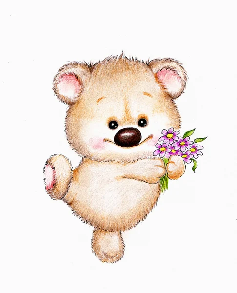 Urso de peluche engraçado com flores — Fotografia de Stock