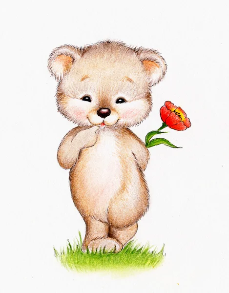 Teddybär mit Blume — Stockfoto