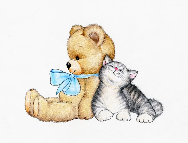 Teddy bear with cute kitten — Stock Photo, Image