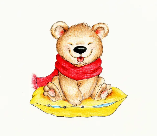 Niedlicher Teddybär sitzt auf Kissen — Stockfoto