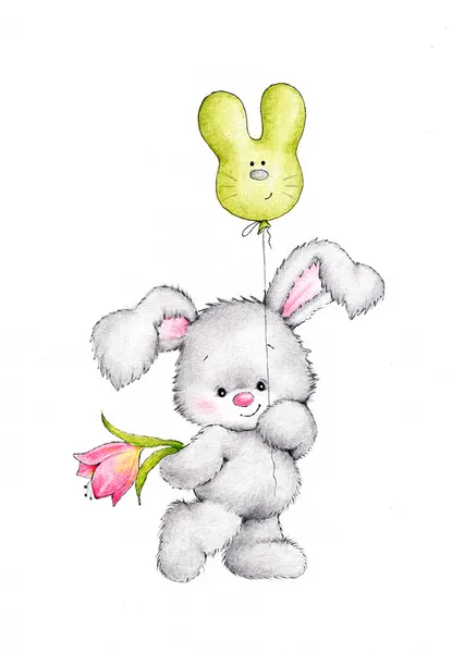 Cute bunny with flower and balloon — Stock Photo, Image