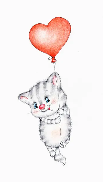 Милый котенок летит на воздушном шаре — стоковое фото