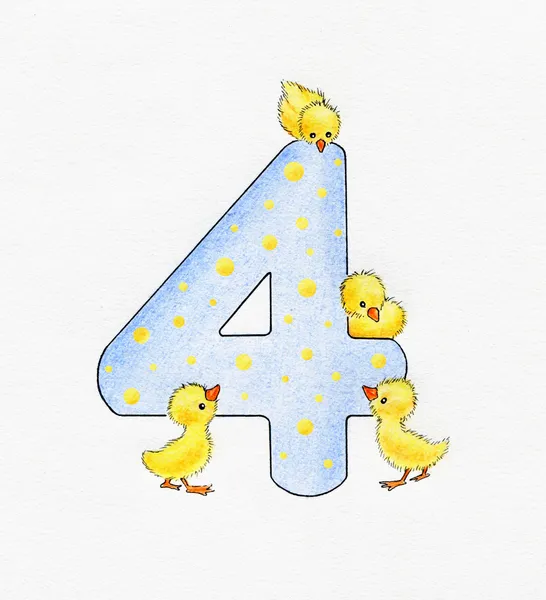 Číslo 4 a čtyři kuřata — Stock fotografie