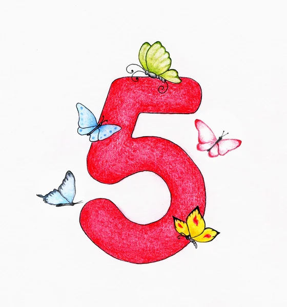 Number 5 and butterflies — Stock Photo, Image