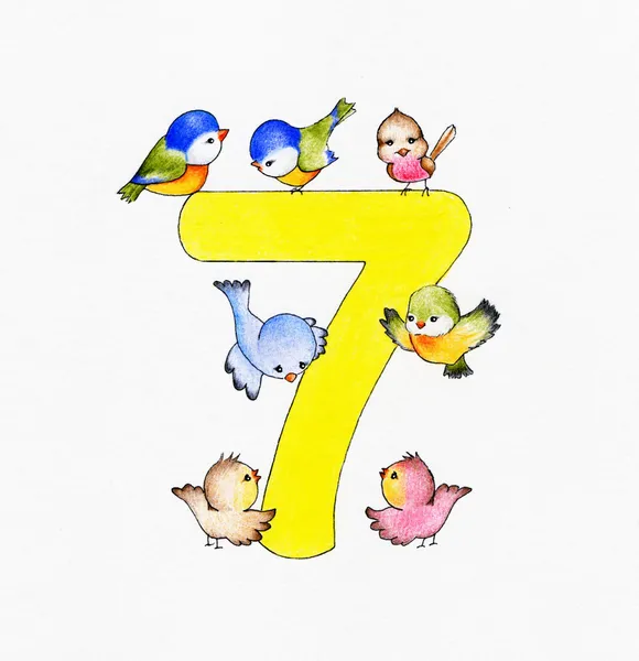 Число 7 и семь птиц — стоковое фото