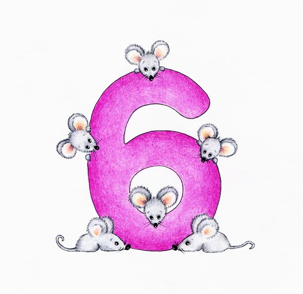 Number 6 and six mice — Stock Photo, Image