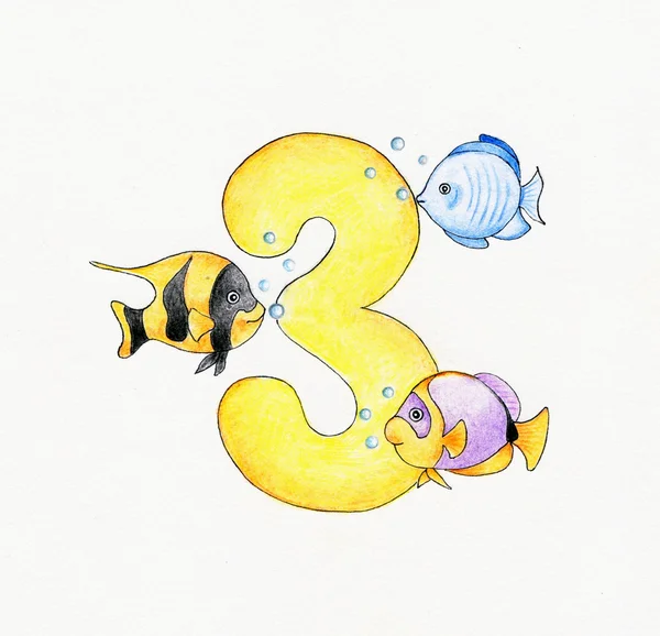 Numer 3 i trzy ryby — Zdjęcie stockowe
