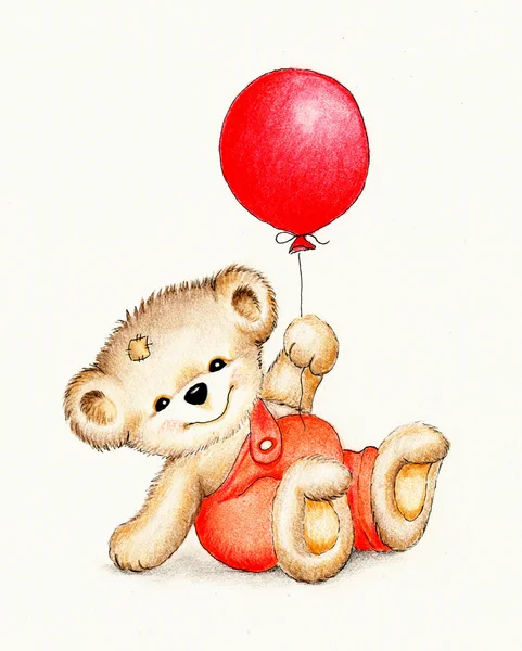 Osito de peluche con globo rojo — Foto de Stock