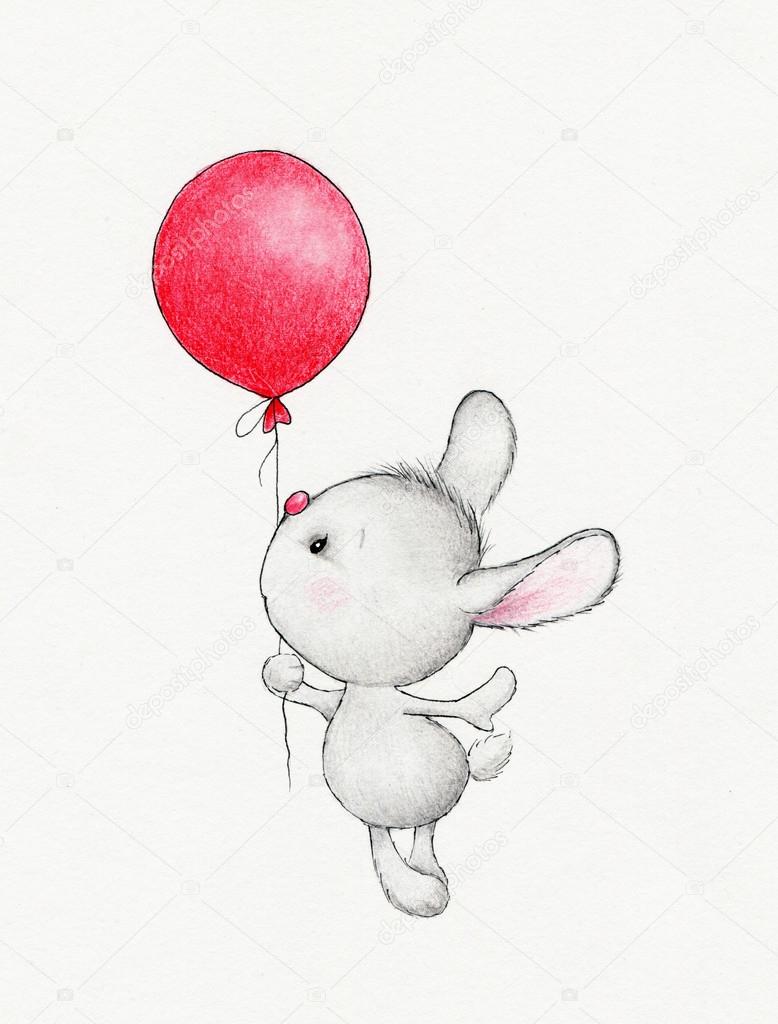 Cute bunny flying on balloon