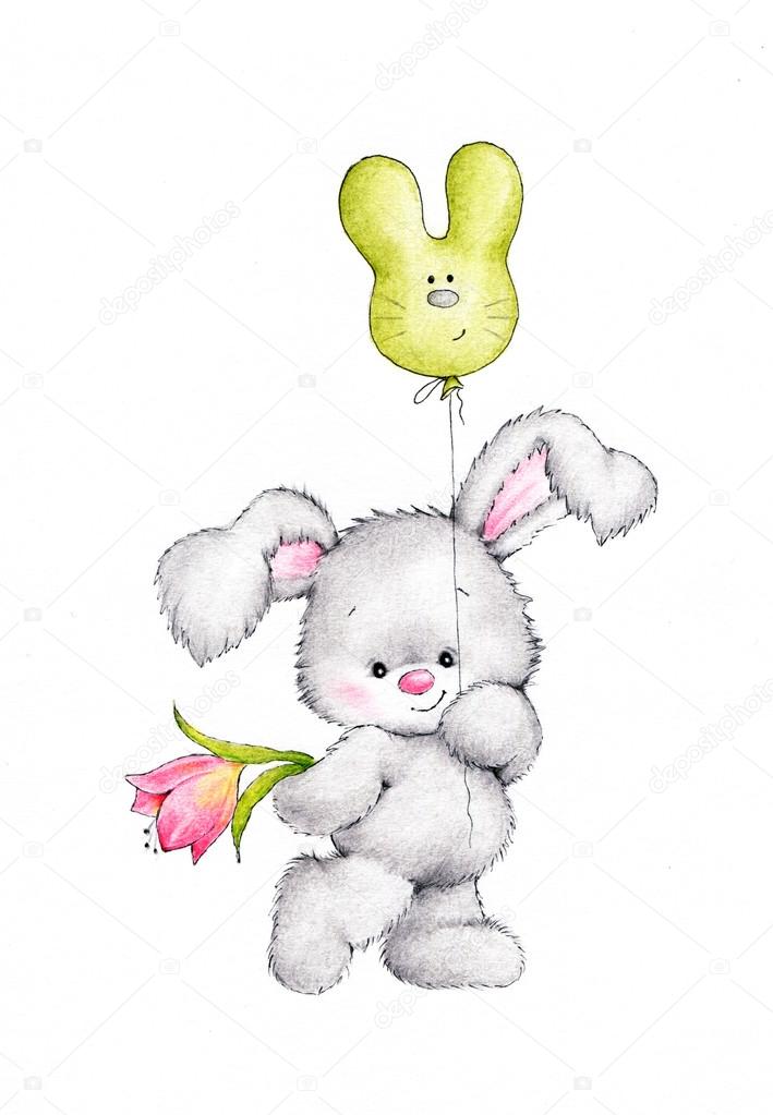 Cute bunny with flower and balloon