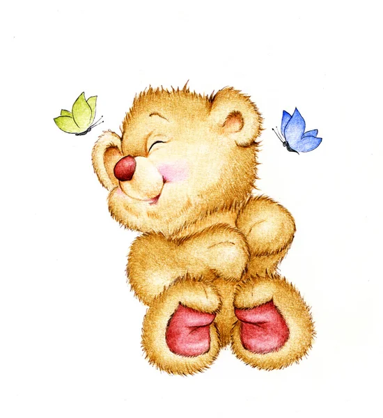 Cute Teddy bear and butterflies — Stock Photo, Image