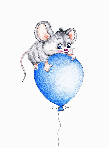 Funny mouse flying on balloon — Stock Photo, Image