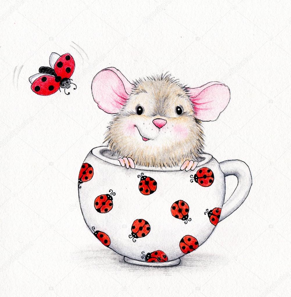 Cute mouse in the cap and ladybug