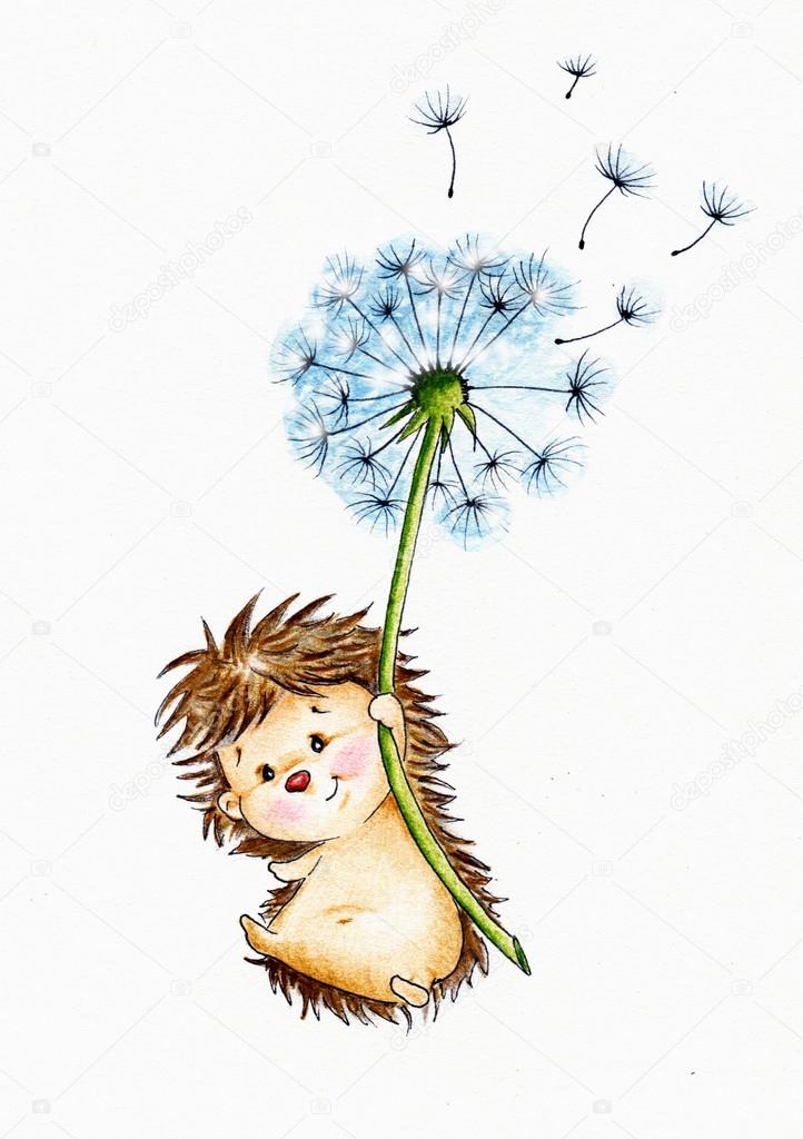 Cute hedgehog flying on dandelion