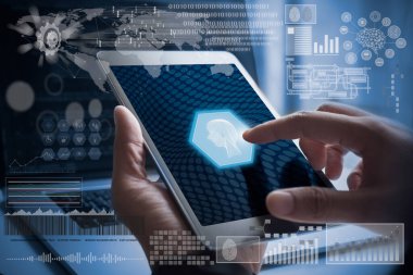 Yapay zeka, büyük veri, internetteki ıvır zıvırlar. Kimlik dokunuşuyla dijital kullanan adam, büyük veri ve derin öğrenme, dizüstü bilgisayarda fütüristik teknoloji arka planına sahip kodlama