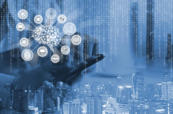 Artificial Intelligence AI, Internet of Things IoT. Business man using mobile smart phone on city background, omnichannel marketting, smart phone chatbot application, 4.0 industrial technology