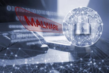 Fidye yazılımı, kötü amaçlı siber güvenlik kavramı, sanal ekranda siber güvenlik ikonları ve internet ağı küreselleşmesinin teknoloji kodlu mavi tonda şehir manzarası