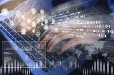 İş ve modern teknoloji, BI İş İstihbarat konsepti. İş dünyası bilgisayarında çalışan işadamı iş verileri, mali grafik paneli, sanal ekranda nesnelerin IoT İnternet simgeleri ile çalışıyor.