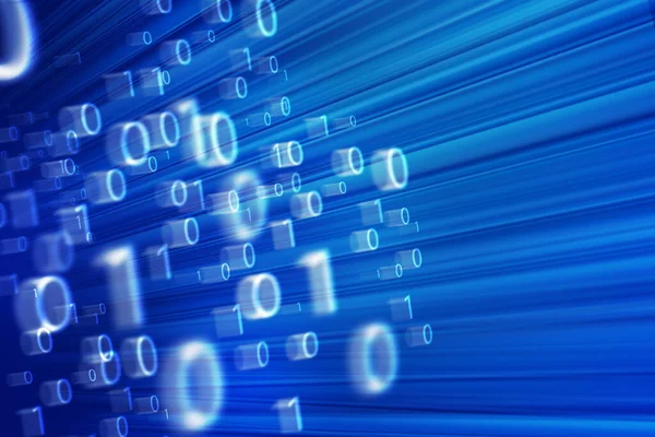 Abstract technology background with glowing binary digital computer code, blue ray neon, software development, tech of the future concept, illustration