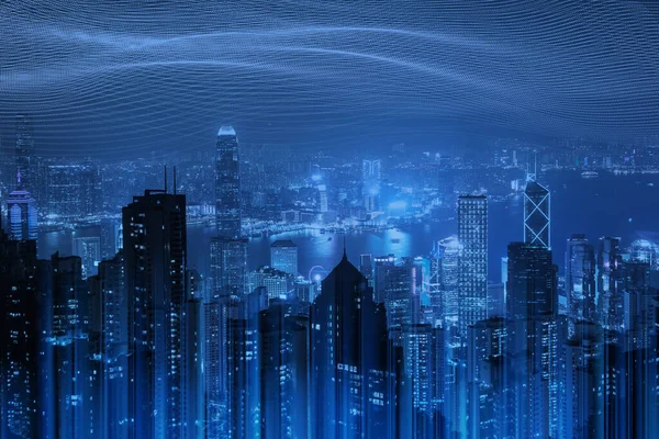 Smart city, cloud storage, digital technology, software development, internet network connection, tech of the future concept. Blue tone cover modern buildings in the city with abstract digital cloud technology background