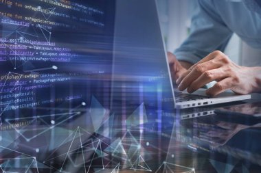 Digital technology, software development concept. Coding programmer, web designer working on laptop computer with computer code, internet network and abstract technology interface