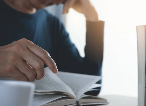 Closeup Image Student Reading Book Casual Business Man Opening Serious — Foto Stock