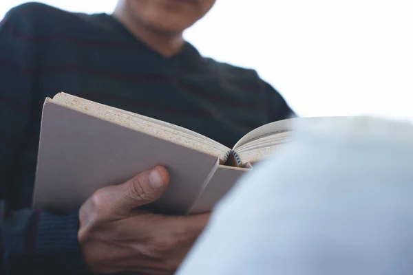 Young Man Hipster Sitting Armchair Opening Relaxed Reading Book Close — Foto Stock