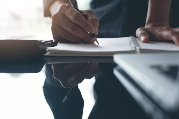 Business Man Accountant Hand Using Calculator Calculate Financial Data Taking — Foto Stock