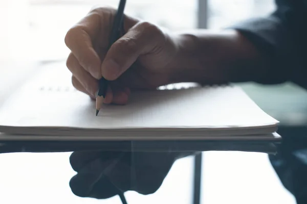 Man Hand Writing Papaer Notebook Pencil Man Taking Note Make — Stock fotografie