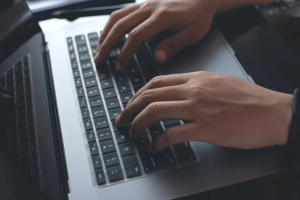 Business Man Hands Typing Laptop Computer Keyboard Online Working Browsing — Foto Stock