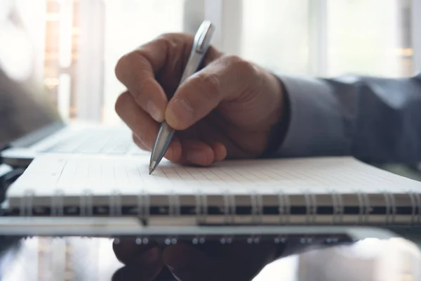 Business Man Hand Write His Work Plan Paper Notebook Pen — Stok fotoğraf