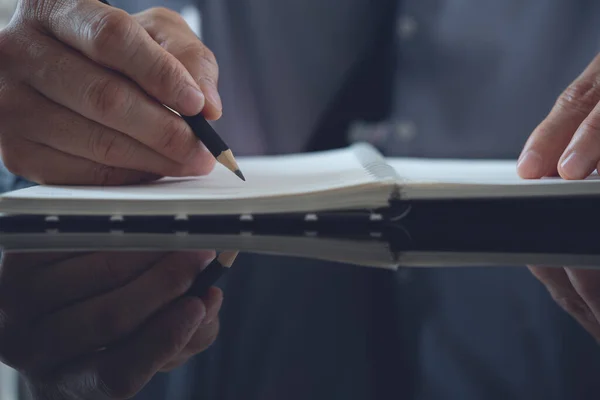 Business Man Project Manager Black Pencil Hand Writing Paper Notebook — Stockfoto