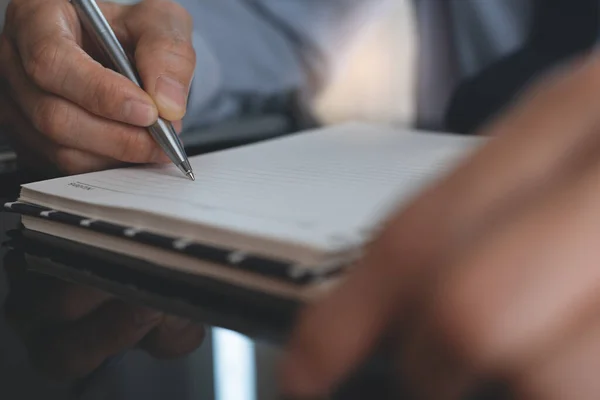 Business Man Hand Writing Note Ballpoint Pen Empty Page Paper — Fotografia de Stock
