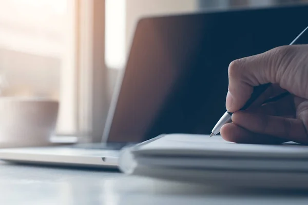 Start Businessman Planning His Work Writing Note Laptop Computer Coffee — Foto Stock