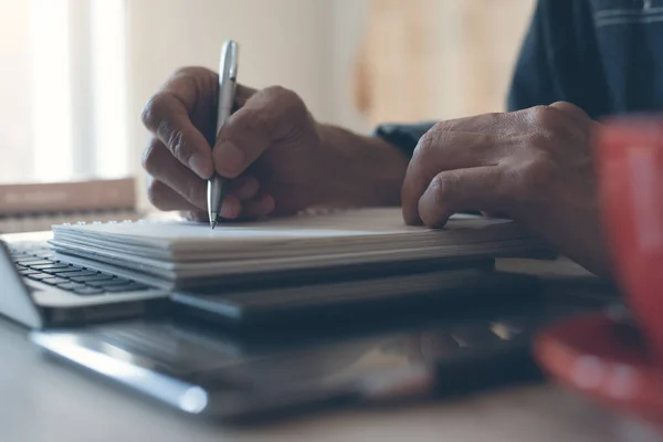 Man Freelancer Writing Notepad Working Laptop Computer Smart Phone Digital — Foto Stock