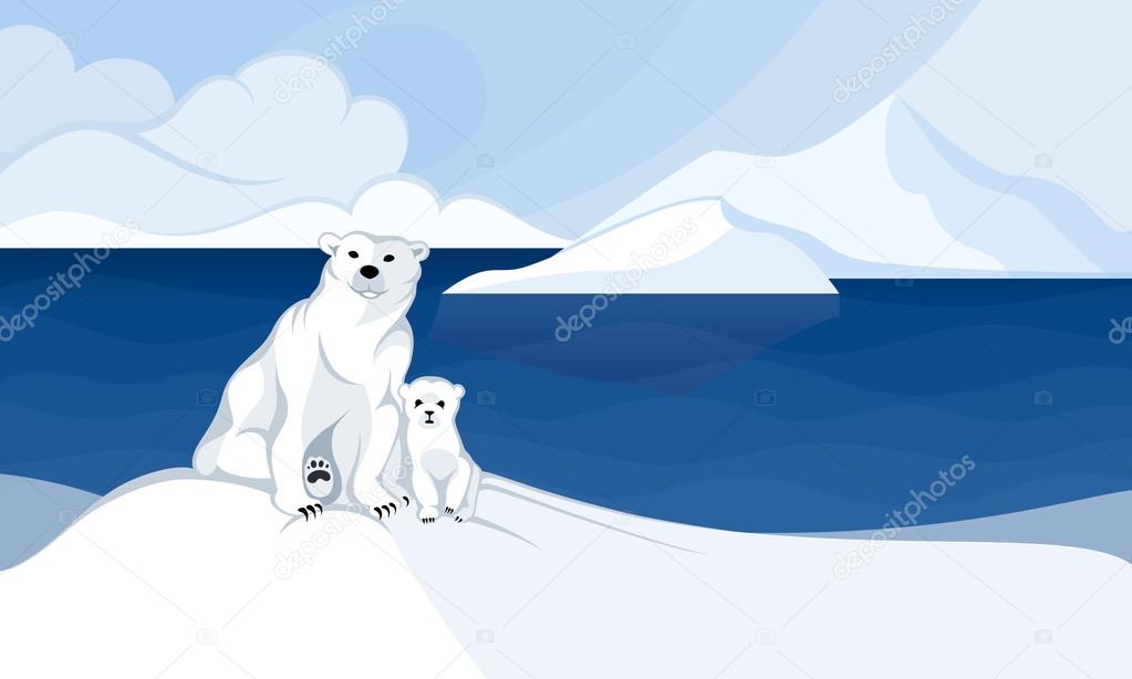 White polar bear with a cub in front of polar landscape
