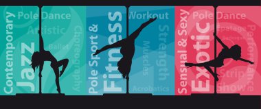 dişi kutup dans pole dance anahtar kelimeler arka plan üzerinde siyah vector silhouettes