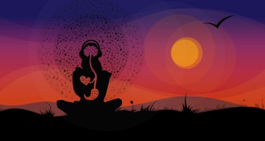 müzik, günbatımı, önünde Hill'de oturan kız silüeti.