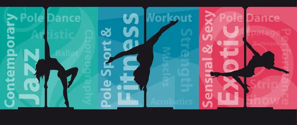 女子撑竿跳高舞极舞蹈关键字抽象背景上的黑色矢量轮廓 — 图库矢量图片