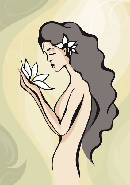 Περίγραμμα Σκιαγραφία του με νεαρή όμορφη γυναίκα, κρατώντας ένα λουλούδι — Διανυσματικό Αρχείο