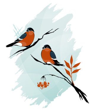 Anahat kış kuşlar dalları mürekkep suluboya stili