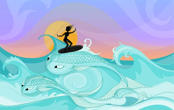 Young female surfer rides on ocean waves stylized as fantasy big fishes. — Stock Vector