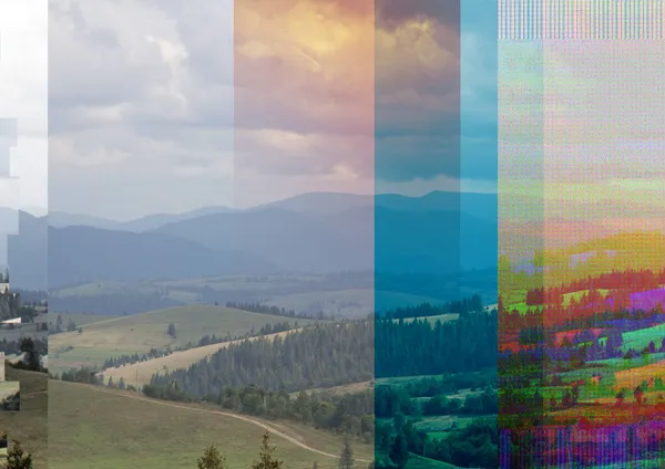 グリッチイラスト 自然景観の前でランダムなカラフルなデジタル信号エラー ポスター はがき アプリケーションや音楽アルバムのための流行のコンピュータグラフィックス — ストック写真