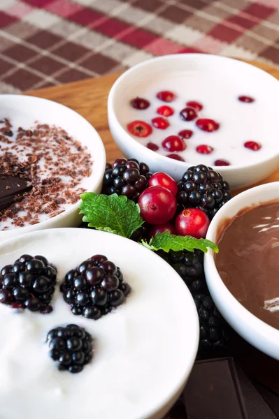 Süßes Sahnedessert mit Schokolade und Beeren in weißem Porzellan — Stockfoto