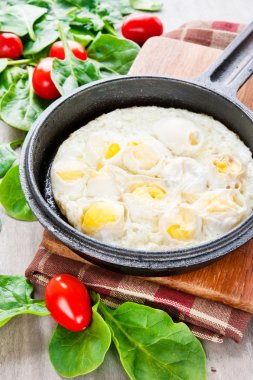 Ispanak ve domates ile şifreli bıldırcın yumurtası. Kapalı portre.