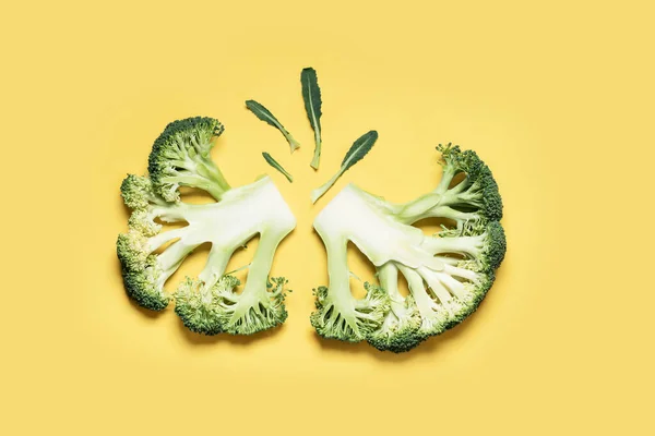 Fresh Raw Green Broccoli Yellow Background Healthy Food Creative Concept — Stock Photo, Image