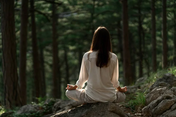 Uzun Esmer Saçlı Güzel Bir Kadın Güzel Bir Ormanda Meditasyon — Stok fotoğraf